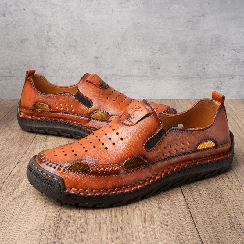 2025 Summer Hollow Breathable Men's Shoes New Leather Cover Foot Handmade Sandals Men's Cross-border plus size Beach Shoes