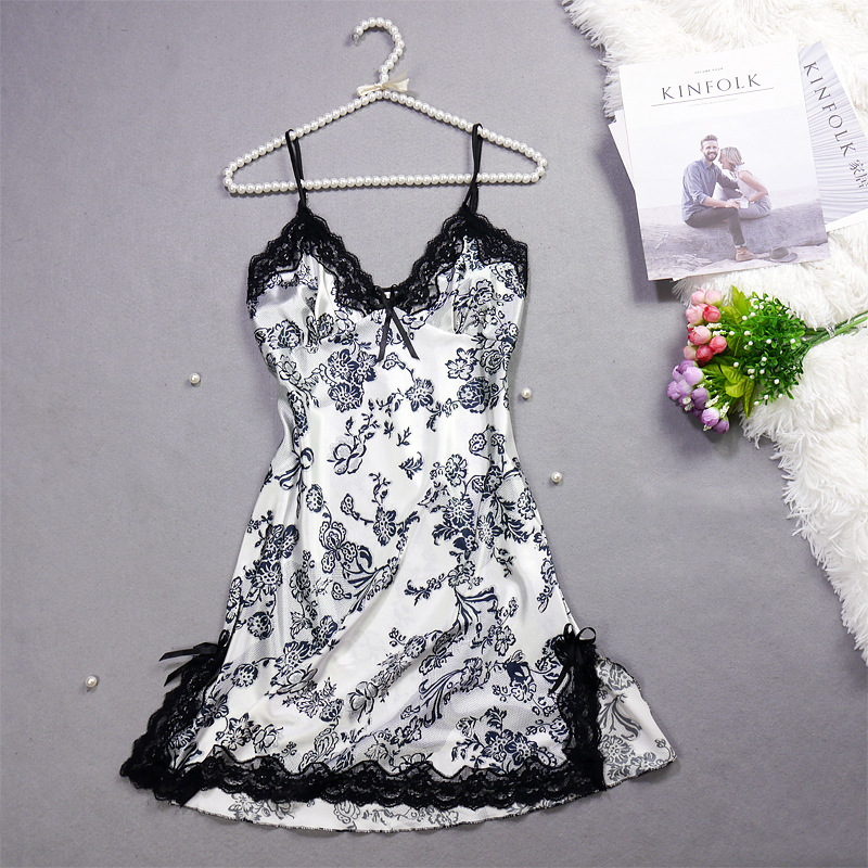 Summer New Ladies Cool Pajamas Sling Nightdress Sexy Charming Lace Ice Silk Pajamas Breathable Skirt