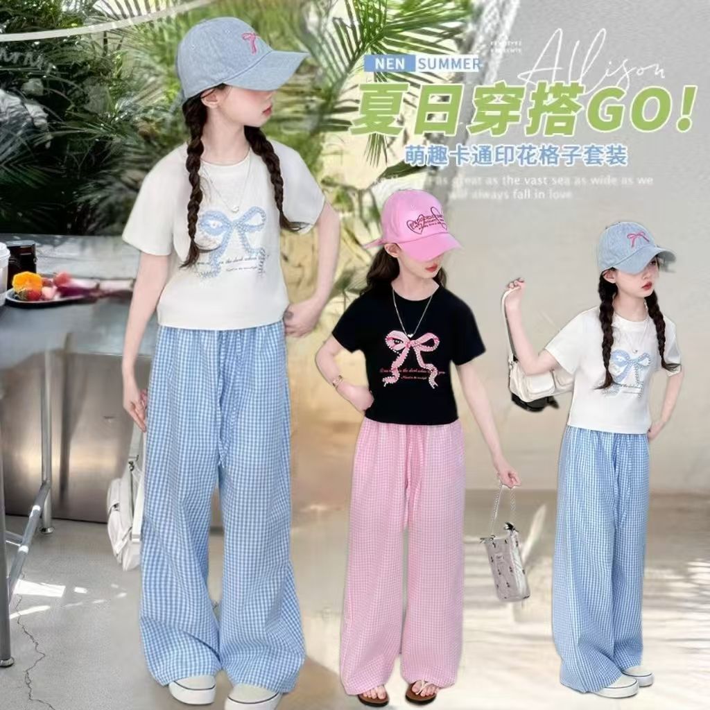 Girls Summer Suit 2025 New Kidsren's Internet Celebrity Fashionable Short-Sleeved Summer Little Girl Fashion Two-Piece Set