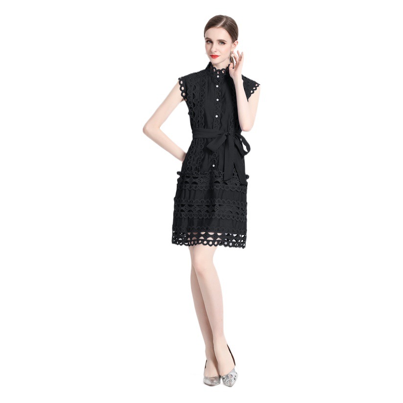 Buckle Skirt White Stitching Waist Sleeveless Beauty Collapsing Hollow Short Skirt Lace Summer Lace A Single Row Water Soluble Celebrity Style