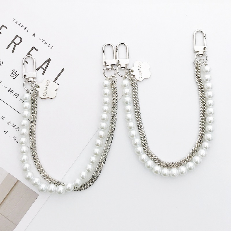 New pearl metal double chain strap flower hand chain diy mobile phone case accessories handmade beaded trend