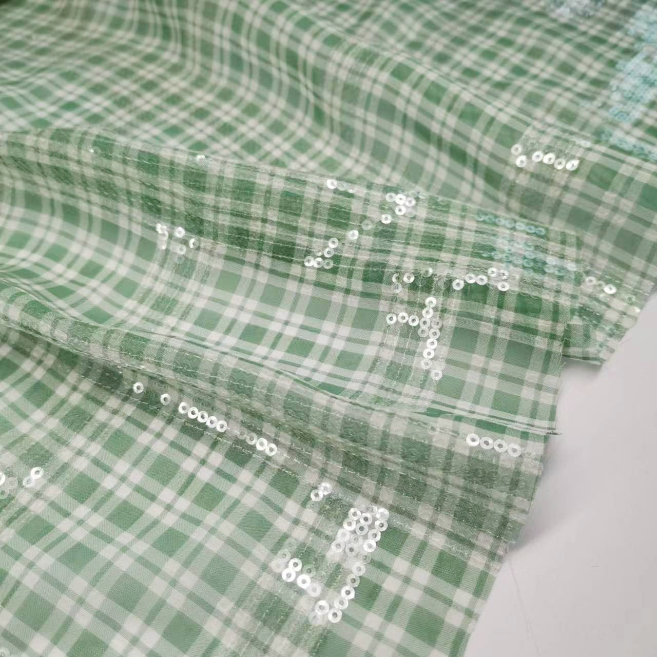 Fresh Plaid Classic White Sequin Embroider Chiffon Fabric Fashion Bling Dress Fabric DIY Sewing Fabric