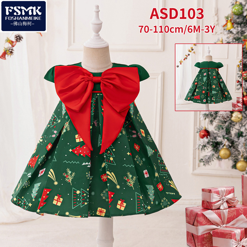 New Children's Dress Princess Dress Christmas Tree Wrought Printed Dress Red Bow Christmas Party Dress
