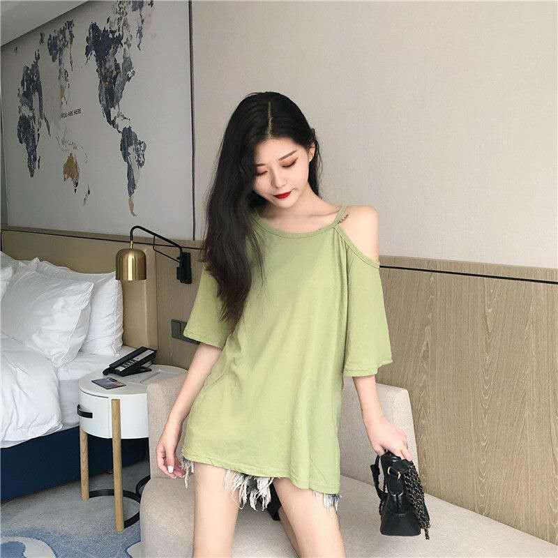 Internet celebrity T-shirt for women Summer new Korean style versatile short sleeve trendy loose off-shoulder T-shirt for women