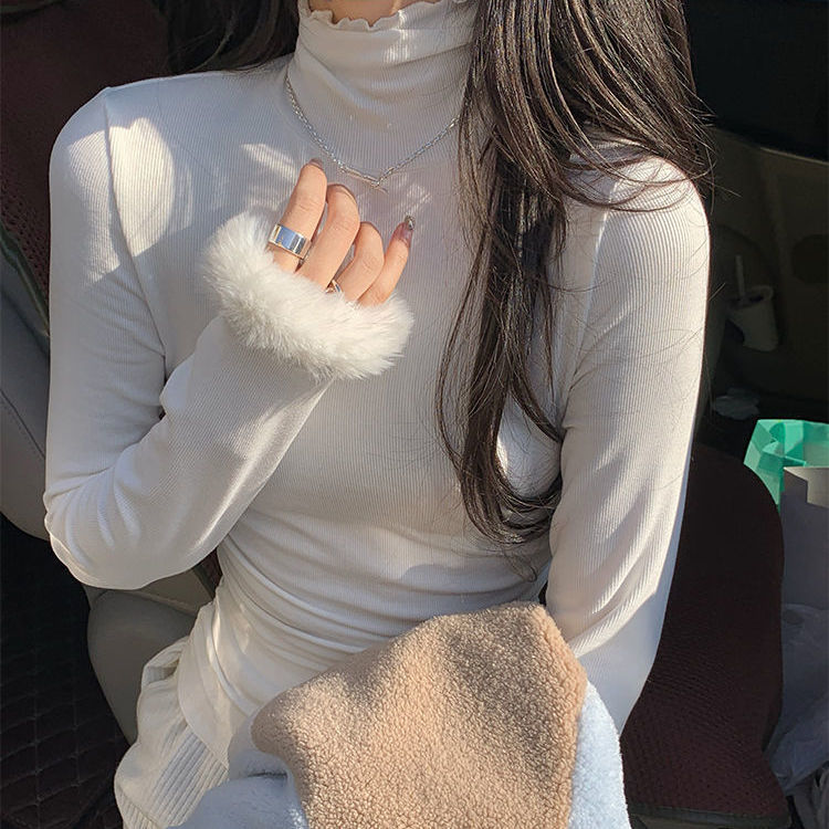 Pure Long-sleeved T-shirt Women's Autumn and Winter Sanding Thickened Inner Slim-fit Slimming Auricularia Knitted High Collar Base Shirt Top