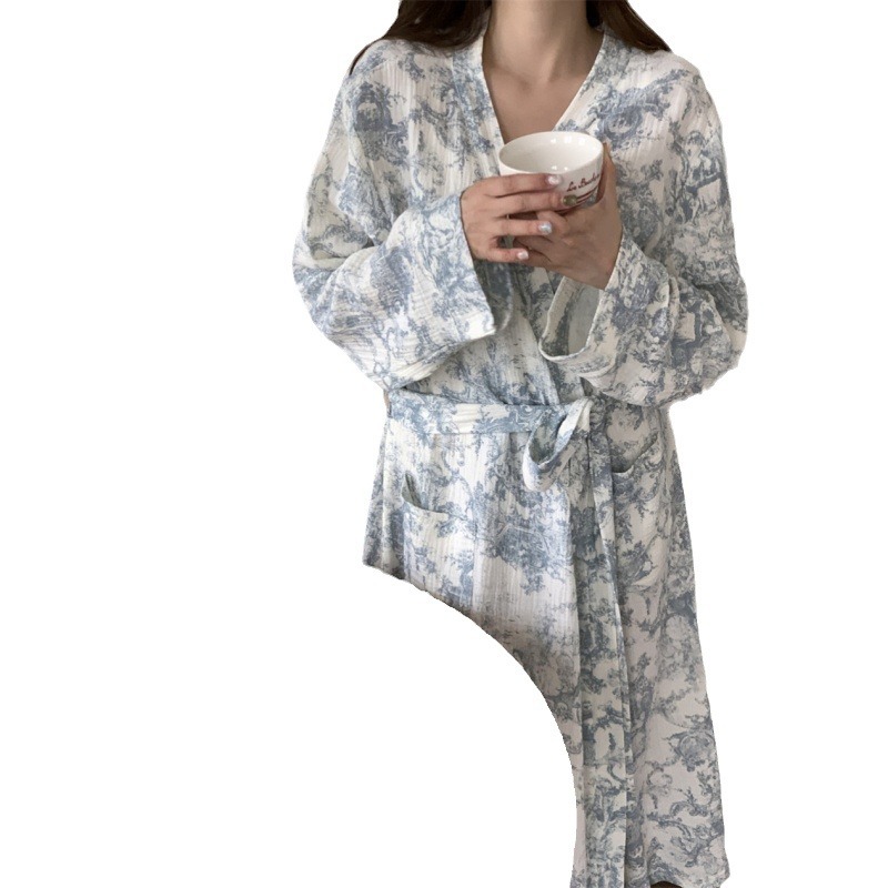 Picture of South Korea ins Women's Autumn New Korean Style Gentle Style Korean Style Ink Flower Sweet Home Clothes Nightgown Bathrobe Women