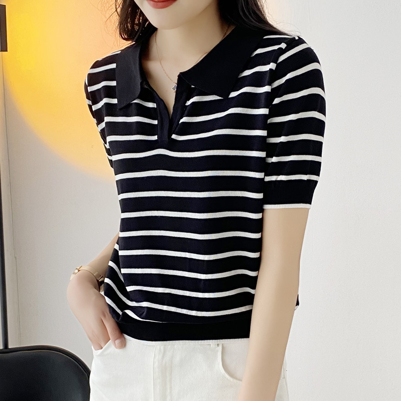 Picture of Polo Shirt Summer 2023 New Korean Striped Short-sleeved Knitted Shirt Women's Thin Slimming Polo Collar T-shirt