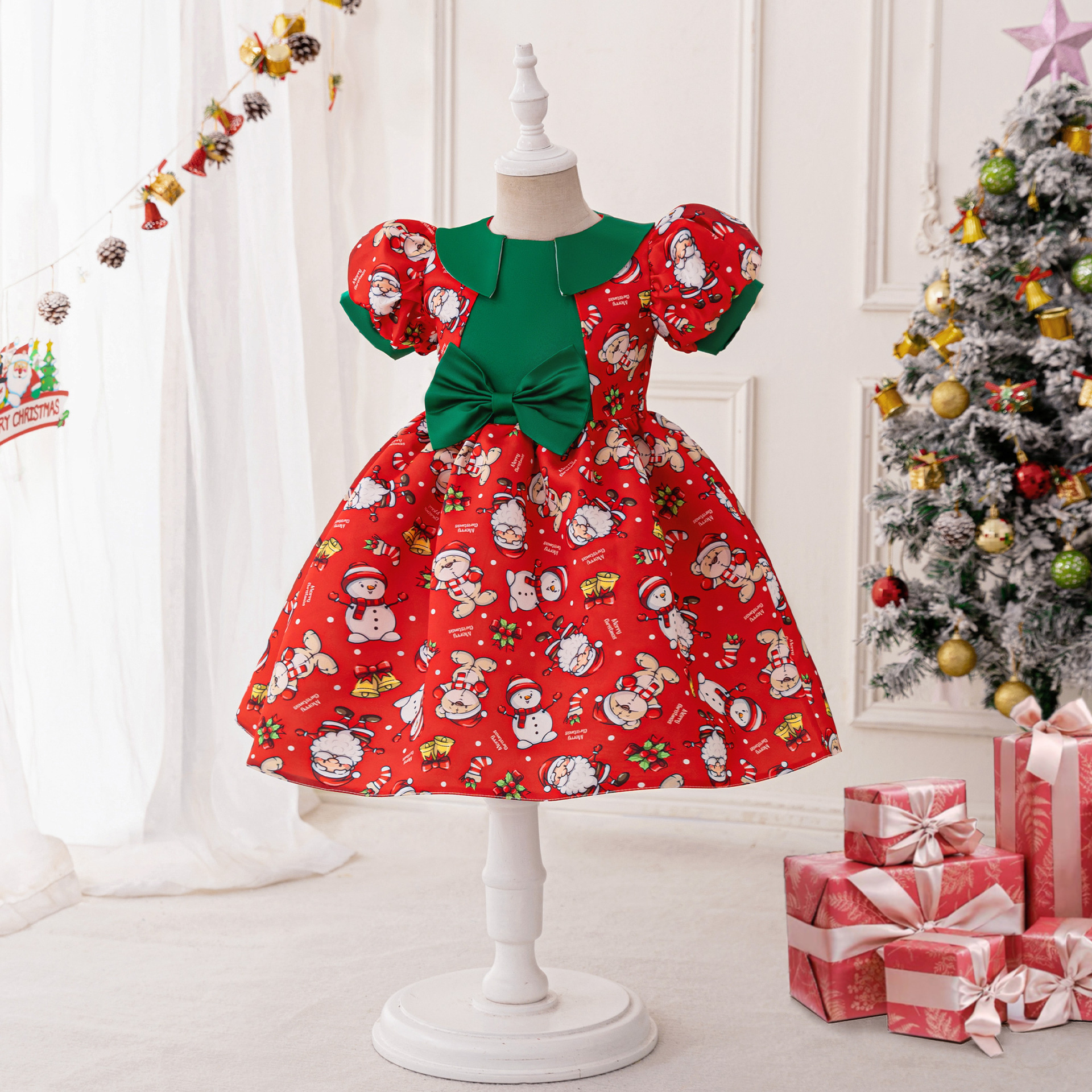 Cross-Border New Christmas Dress Puff Sleeve Princess Dress Cartoon Little Snowman Dress Bow Party Dress
