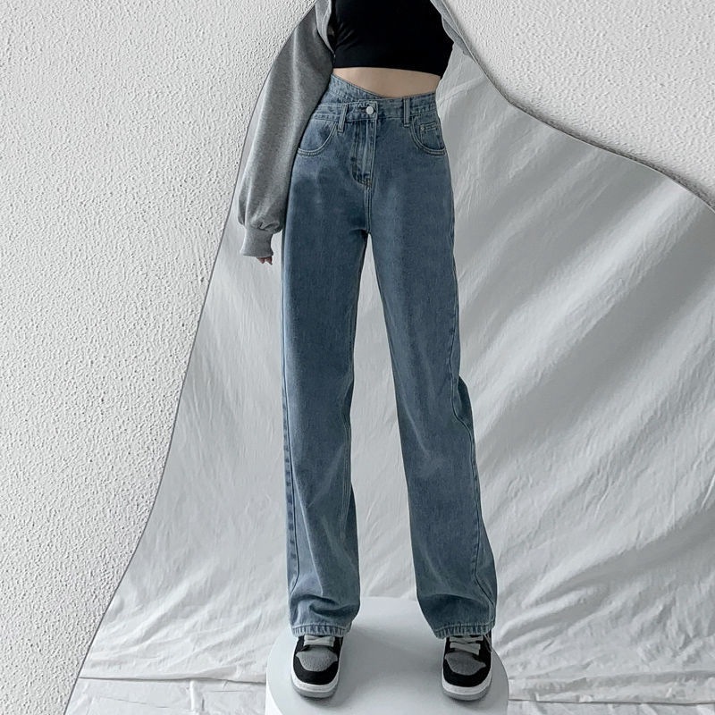 Picture of Irregular Loose Straight-Leg Jeans Women's All-Match Thin Slant Buckle High Waist Slimming Niche Wide Leg Trousers Summer