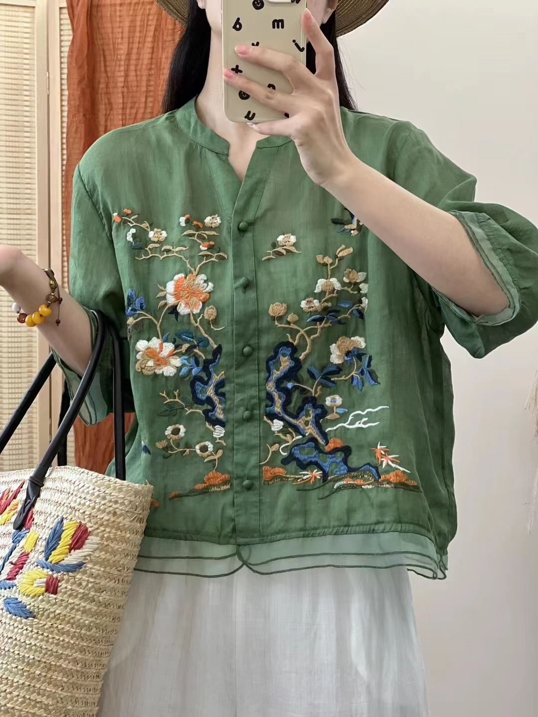 Artistic Retro Embroidered Shirt Top 2023 Summer New Heavy Industry Embroidered Buckle Trendy Cotton Linen Shirt Small Shirt