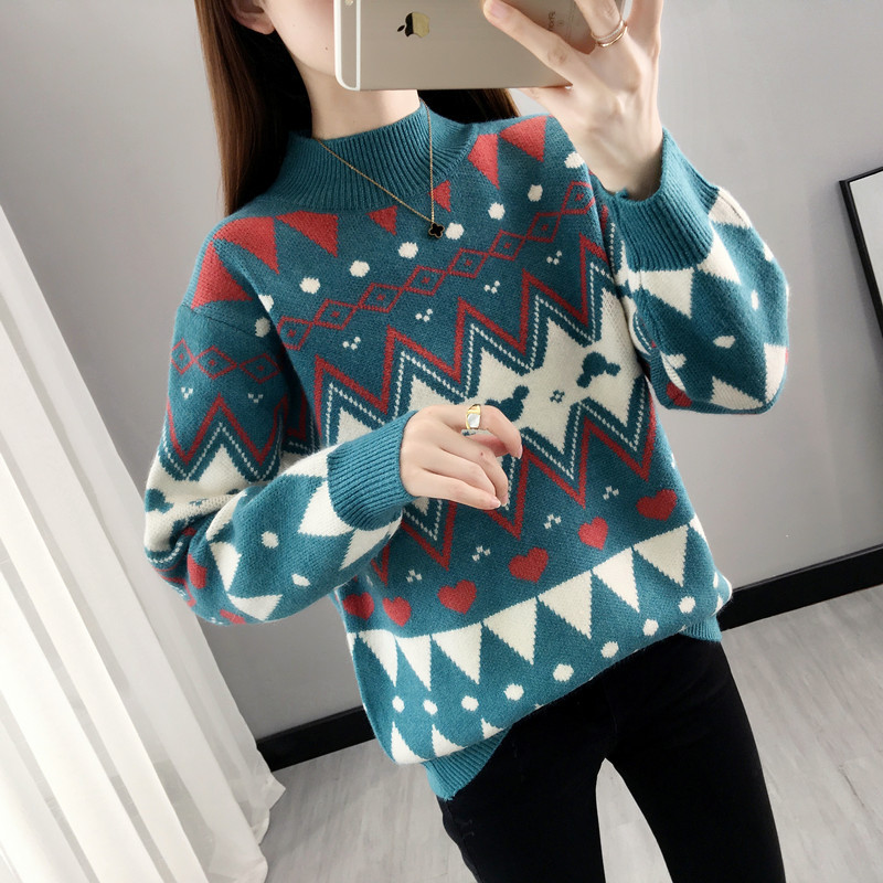 Picture of 2024 New Autumn and Winter Half Turtleneck Fleece-Lined Thickeneded Women's Sweater Fashionable Jacquard Contrast Color Knitted Bottoming Shirt