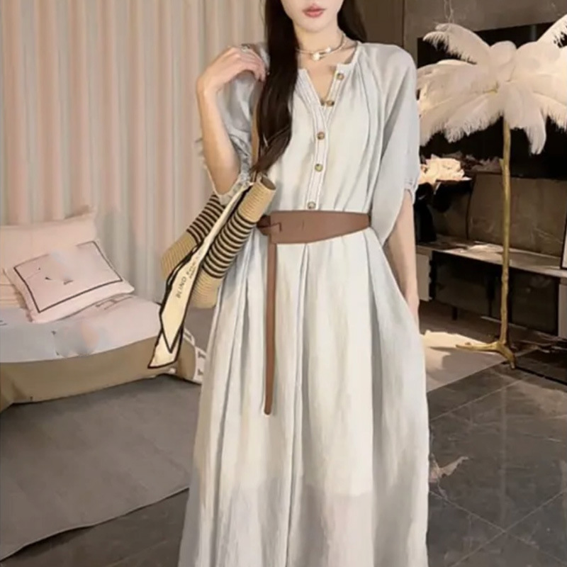 Factory wholesale summer new design sense light mature wind dress women waist slim temperament long skirt 6633