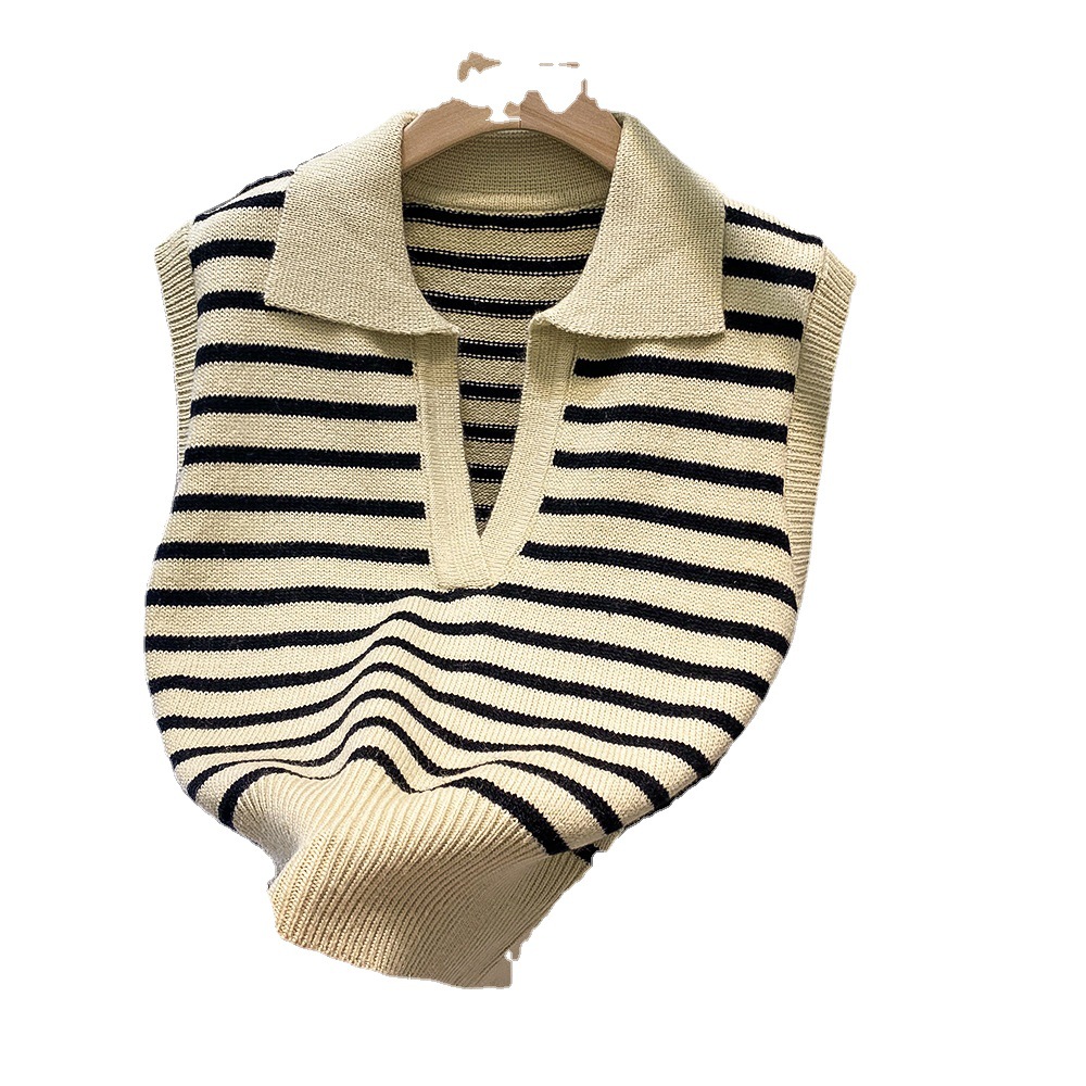 Picture of Retro Hong Kong Style Stripesd Knitted Vest for Women in Autumn and Winter New Style Lapel Sleeveless Waistcoat Vest Outer Wear