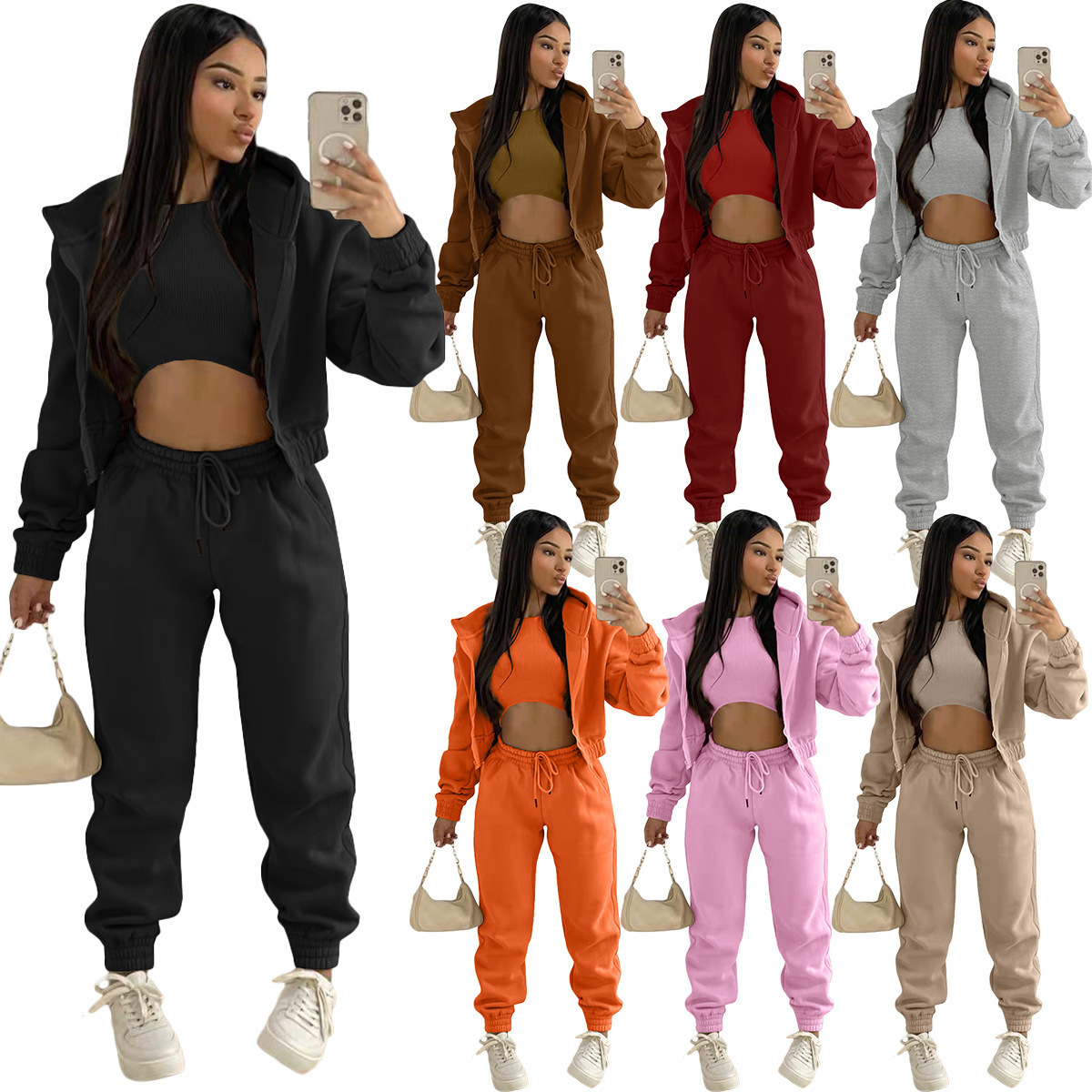 Cross-border European and American women's cross-border supply fleece-lined clothing hooded sports and leisure suit (three-piece set)