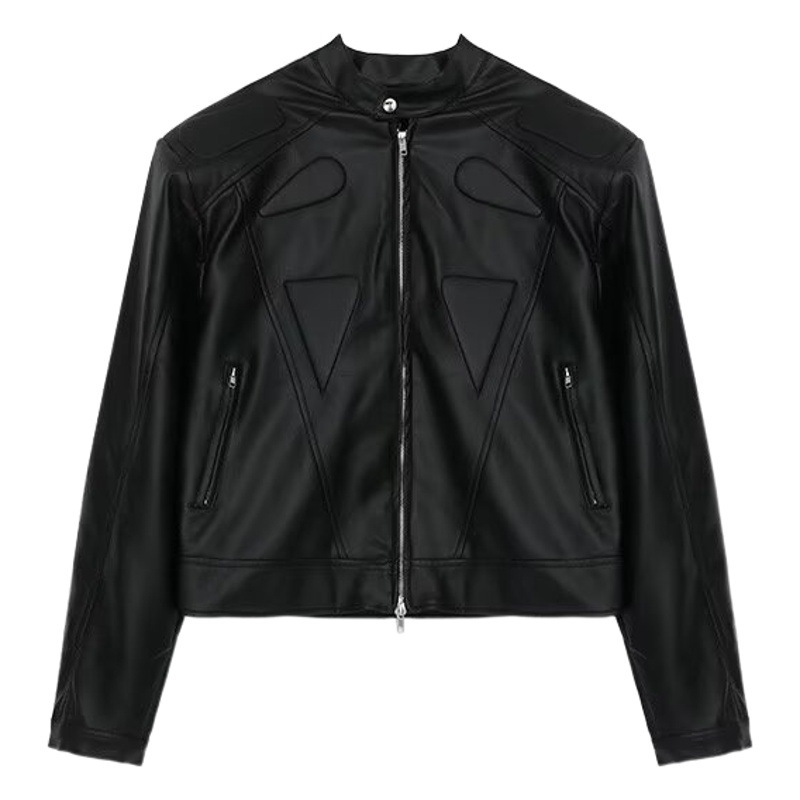 Cross-Border Niche Design Motorcycle Leather Jacket for Women, Autumn Vintage Loose Fit Shoulder-Padded Leather Jacket Trendy