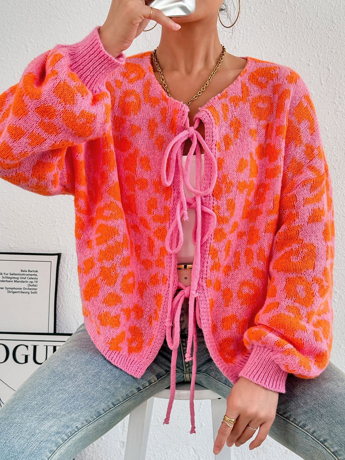 Picture of Cross-border Amazon Fall/Winter New Vintage Leopard Bow Lace-up Cardigan Jacket Crew Neck Long Sleeve Loose Sweater