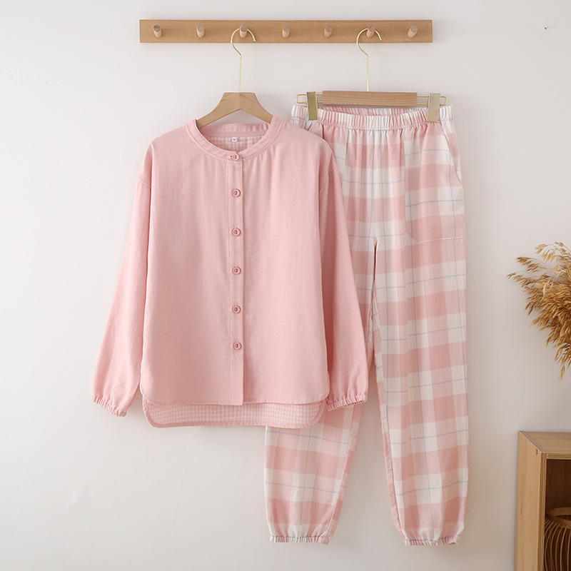 Picture of Spring and Autumn Thin Yarn-dyed Gauze Women's Pure Cotton Pajamas Suit Japanese Style Long Sleeve Pullover Plaid Exterior Wear