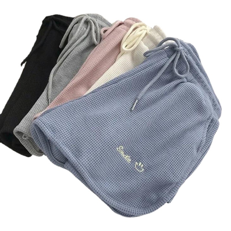 Waffle Letter Embroidered Shorts for Women Summer High Waist Elastic Wide Leg Pants Loose Casual Pants Elastic Sports Pants for Women
