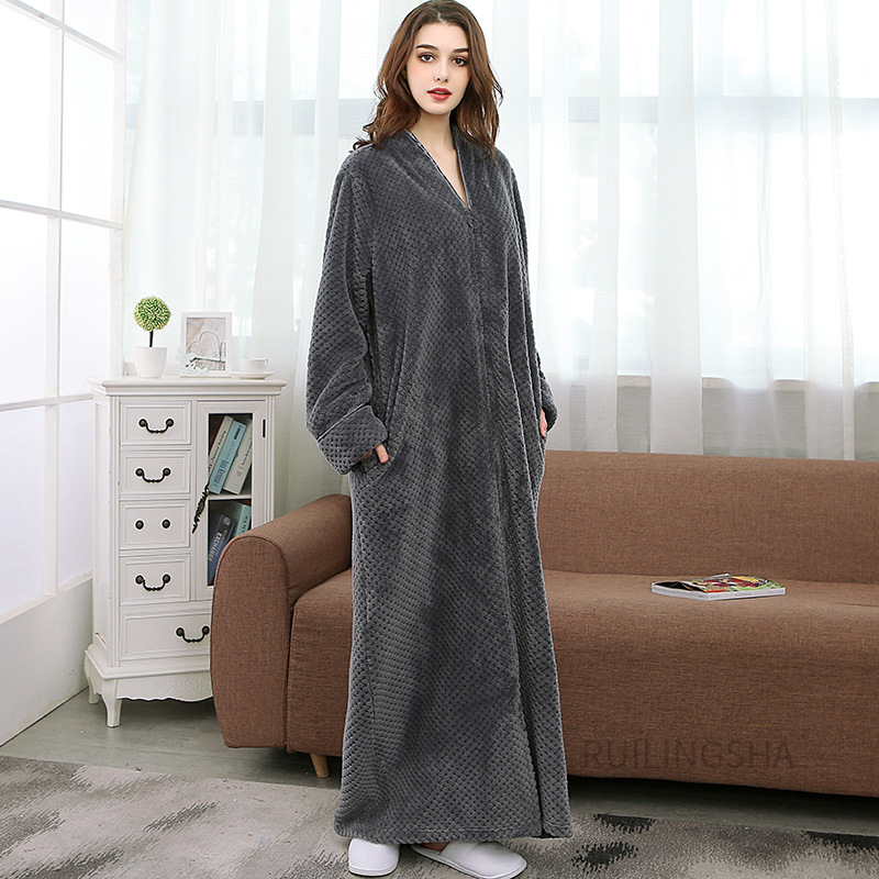 Picture of Couple Autumn and Winter Thickeneded Warm Flannel Nightgown Women's Long Men's Large Size Coral Velvet Bathrobe Zipper Pajama Dress