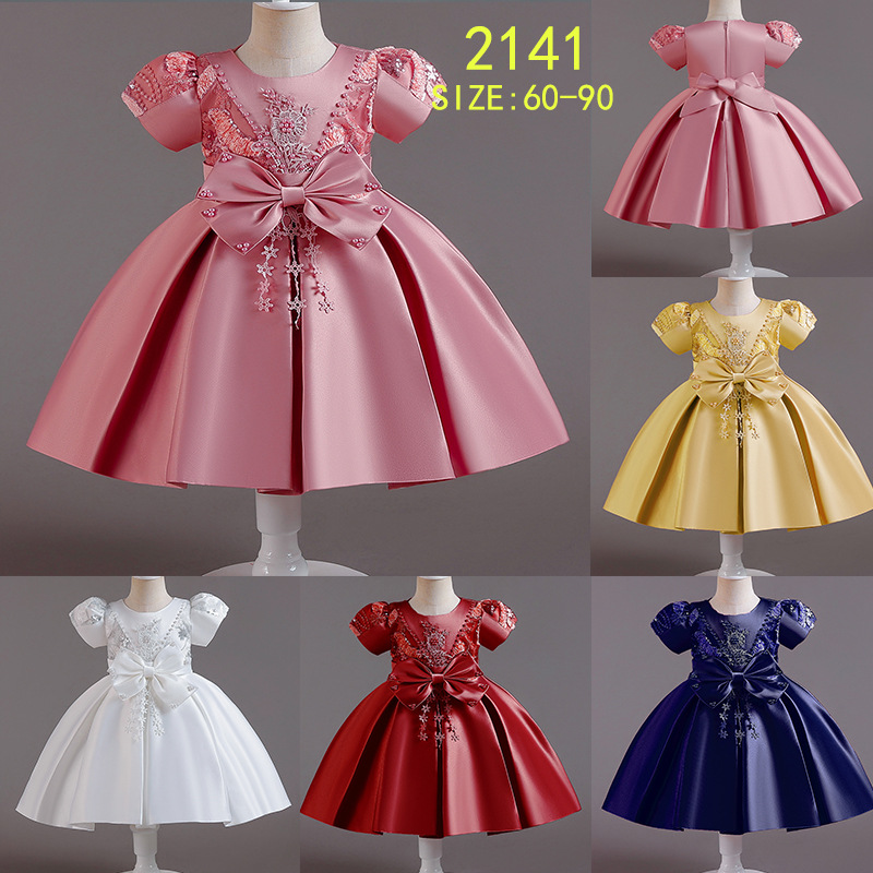 Picture of Cross-border new children's dress Princess dress satin beaded bow dress flower girl birthday party costume