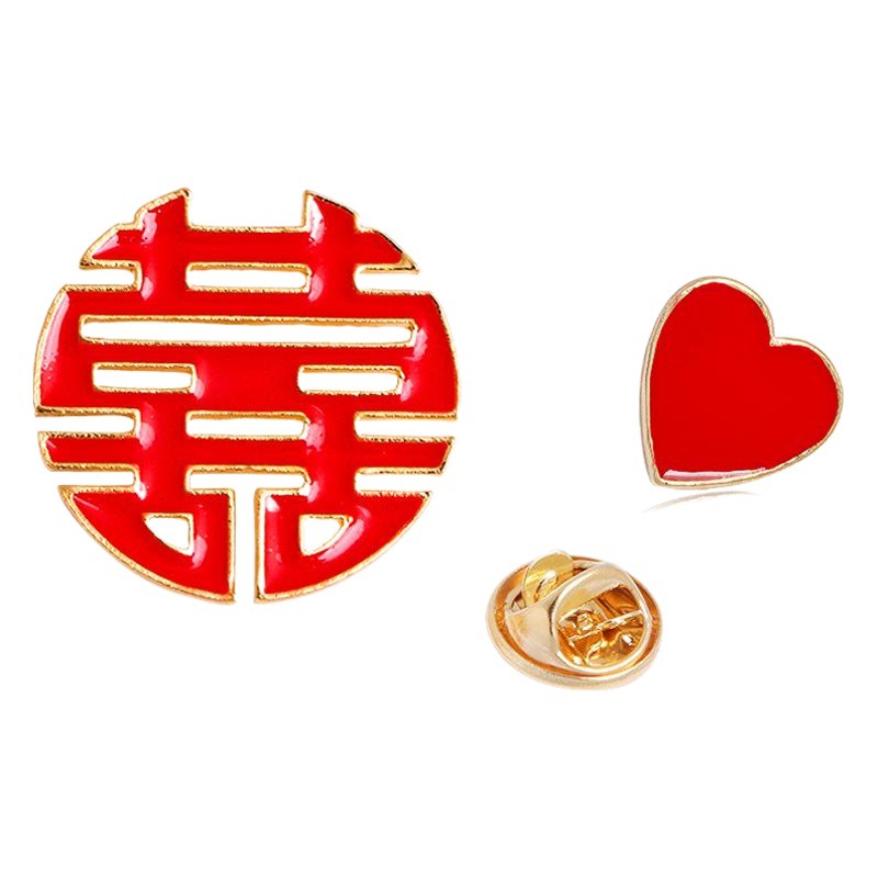 Double Xi character round brooch wedding love badge collar buckle jewelry bridegroom bride wedding brooch wedding accessories