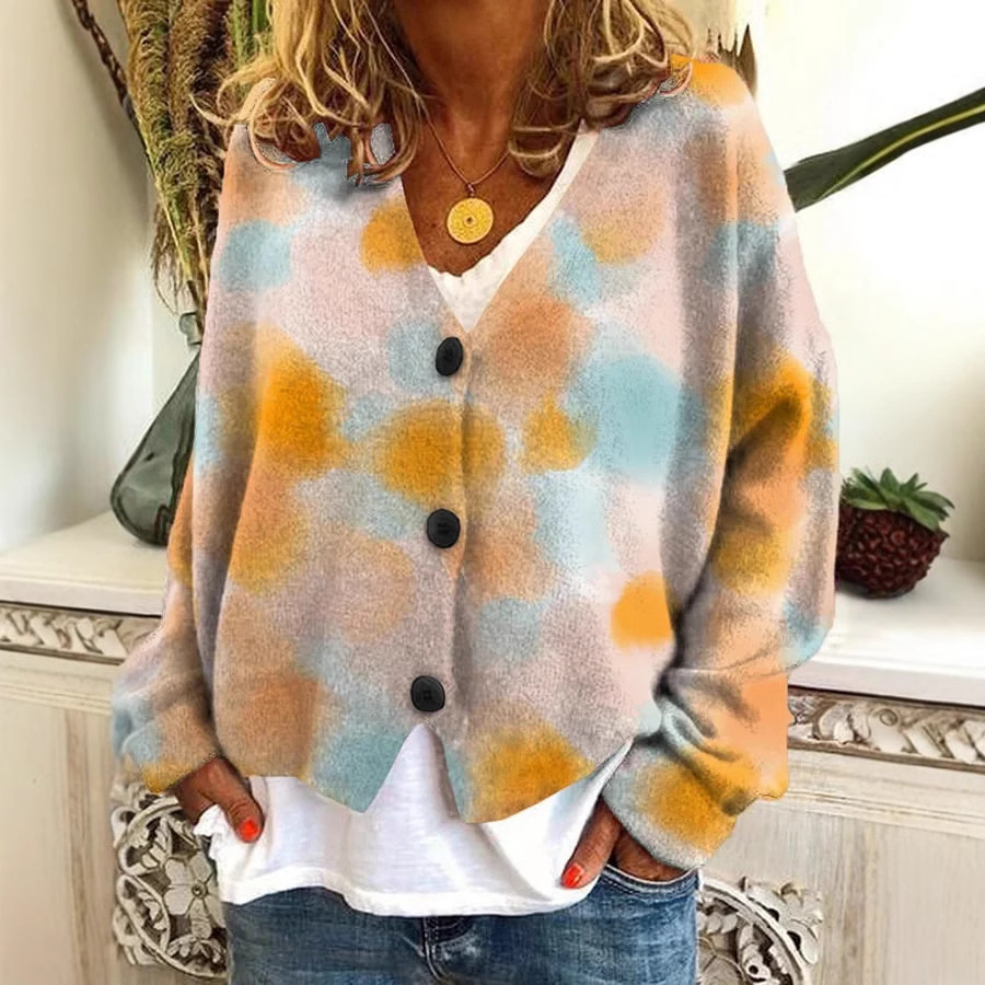 2024 Cross-border New Tie-dyed Flowers Autumn and Winter Big V-neck Cardigan Short Long-sleeved Sweater European and American Women's Wear