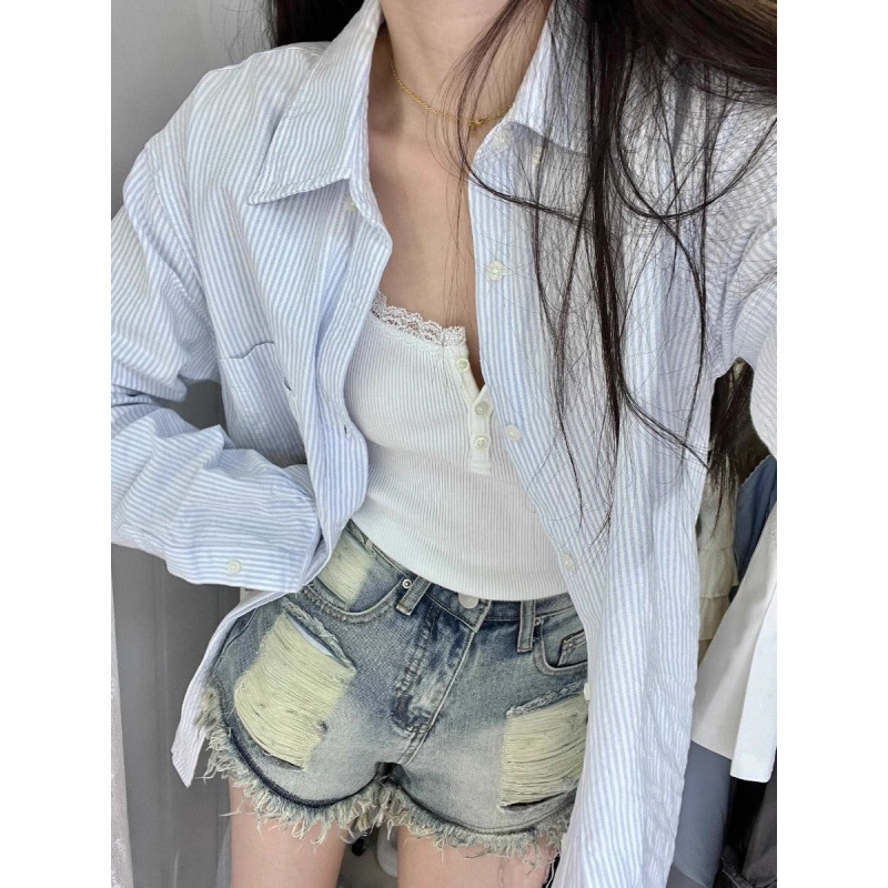 French Style Design Striped Shirt Women's Long-sleeved Thin Summer 2025 New College Fashion Brand Shirt Cardigan Jacket