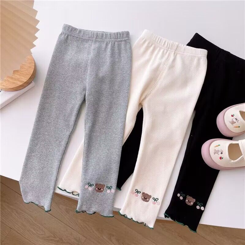 Foreign Trade Summer Clothes for Girls, Bear Cherry Embroider, Fashionable Ice Silk Thin Outer Wear Pants for Small and Medium-Sized Children