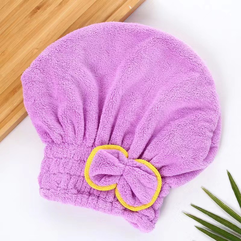 Picture of Coral Velvet Dry Hair Cap with Bow for Women, Thickeneded Shampoo Bag, Absorbent Princess Hat, Hair Factory Wholesale, Fast Water Absorption