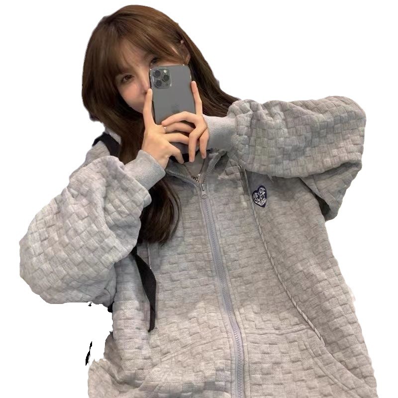Picture of High Street Hiphop Waffle Heart Sweatshirt Women's Spring & Fall Loose Ins Lazy Style Thin Student Large Size Jacket