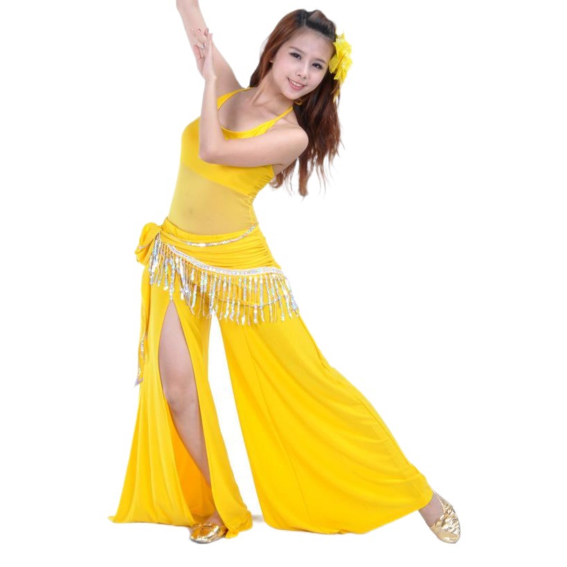Semi-transparent Yarn Sling Top Single-opening Straight Pants Wrinkle Sling Waist Chain Belly Dance suit Three-piece Set