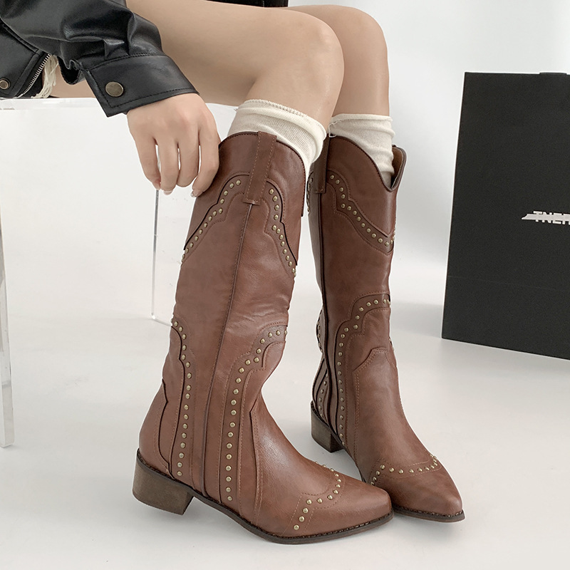 Retro Classic Versatile Thick Heel Boots for Women 2025 New Summer Pointed Toe Slimming Look and Heightening V-Mouth Knight Boots