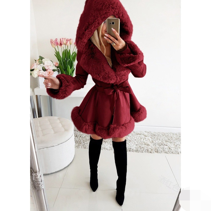 Picture of Popular winter coat small fragrant style short rough edge hooded fur stitching A- type coat winter fashion