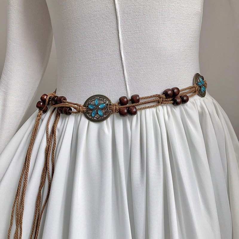 Picture of Ethnic style women's belt acrylic turquoise woven women's belt handmade wax rope wooden beads gem woven waist chain