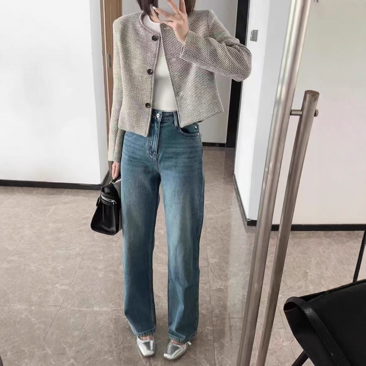 Retro crew neck small fragrant jacket women's spring and autumn small single-breasted striped loose celebrity daughter cropped top