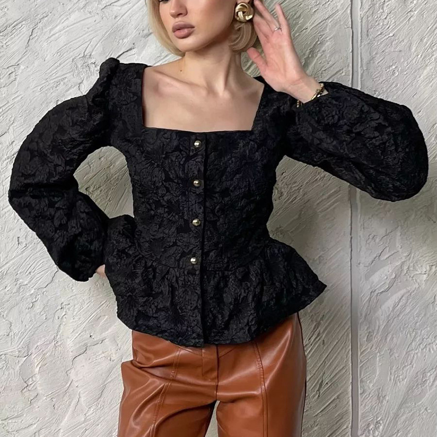 Picture of French high-end jacquard shirt 2024 new commuter square collar bubble sleeve women's shirt top spring women's clothing