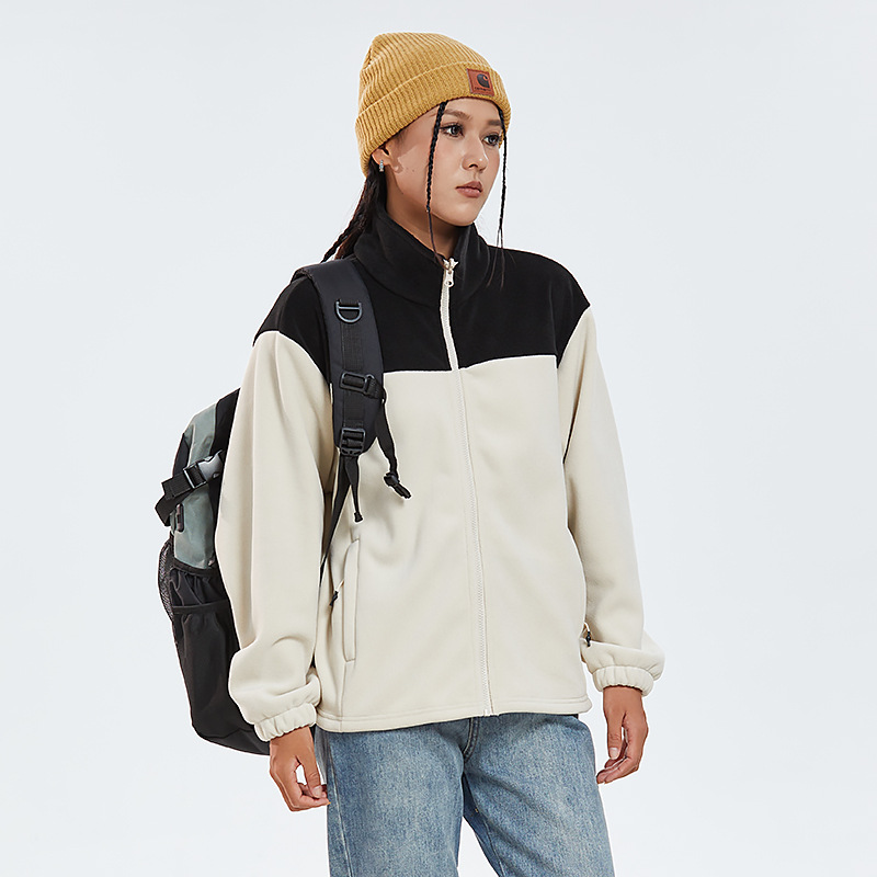 New winter cold-proof warm fleece jacket for men and women with color matching Olympic grain fleece single coat outdoor winter warm coat