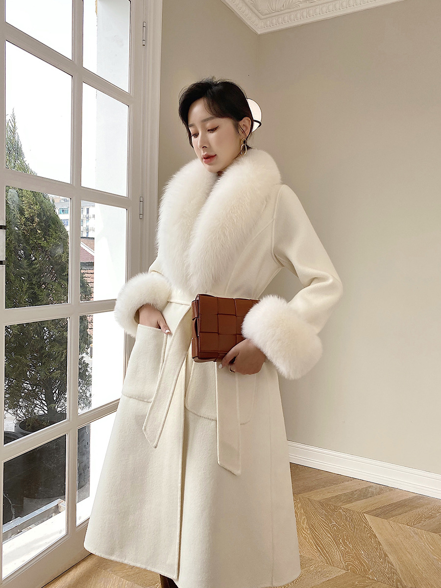 Picture of Australian wool double-sided cashmere three-dimensional skirt fox fur collar mid-length slim-fit princess pink woolen coat all-match