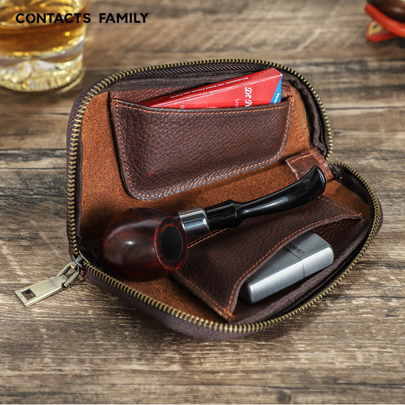 Full grain wrestling cowhide tobacco pipe box outdoor travel portable zipper pipe tobacco moisturizing storage box wholesale