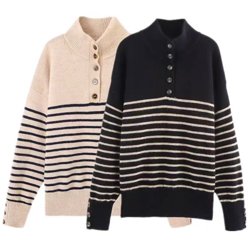 ZA cross-border women's clothing wholesale European and American style new stand collar loose casual Joker striped sweater 1509107