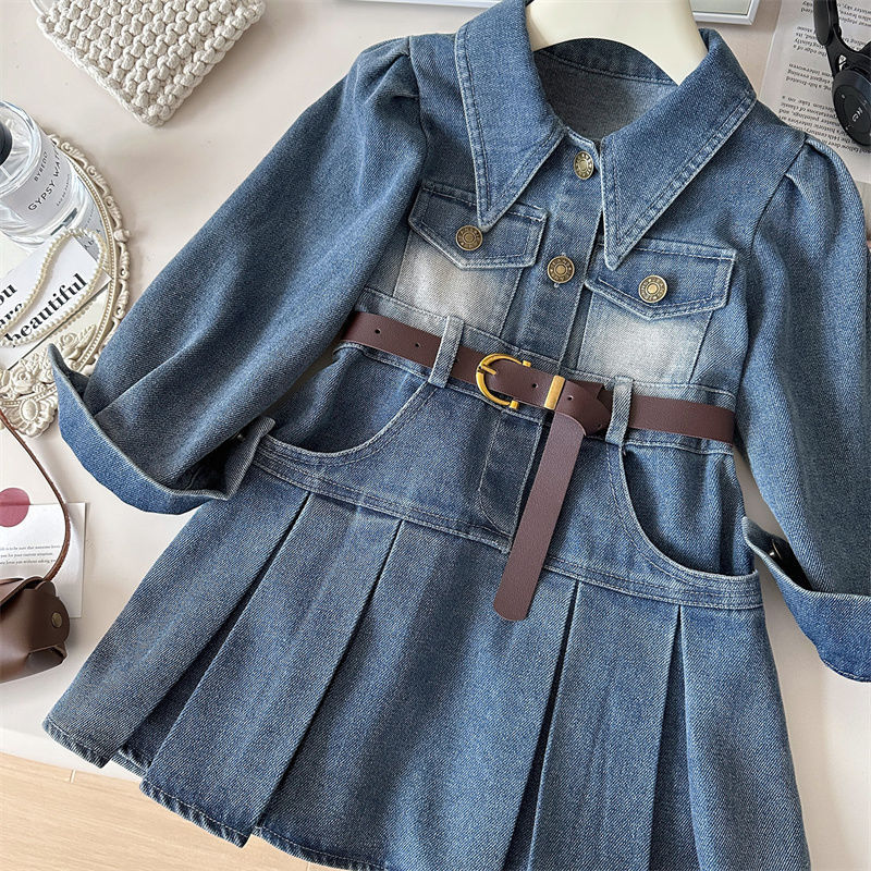 Picture of [Pre-Sale] Korean Style Girls' Denim Skirt, Autumn 2025 New Model, Fashionable Belt Dress for Little Girls, Children's Trendy Clothing