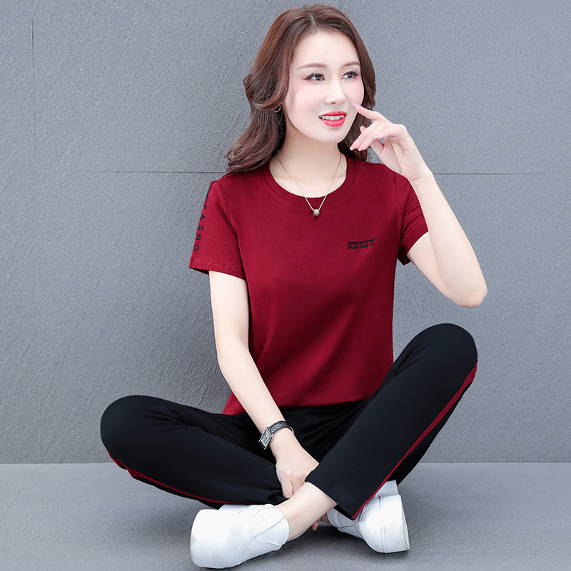 Picture of Pure Cotton Stretch Middle-aged Mother's Casual Sports Suit Women's Summer Short-sleeved Trousers All-match Square Dance Two-piece Set