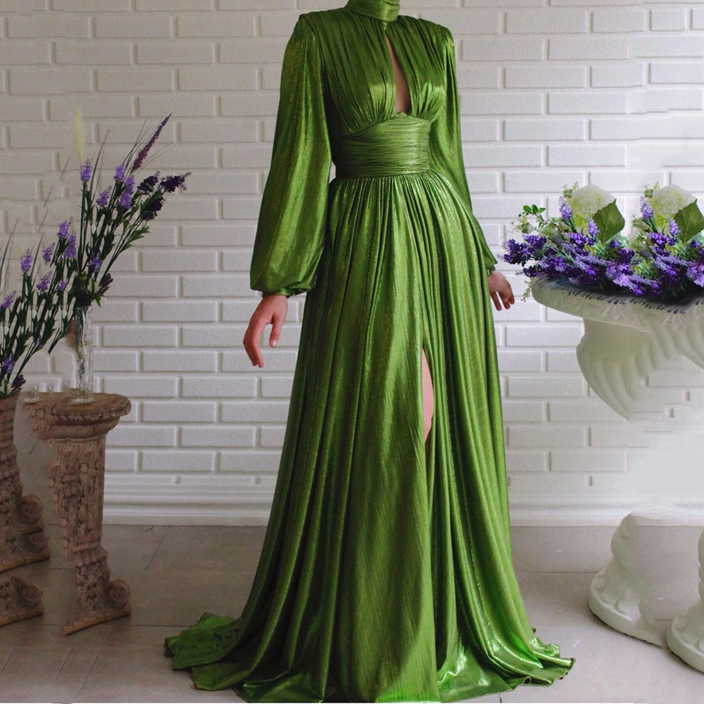 2025 cross-border spring and summer fashion color waist hanging neck big swing sexy avocado green dress solid color dress women