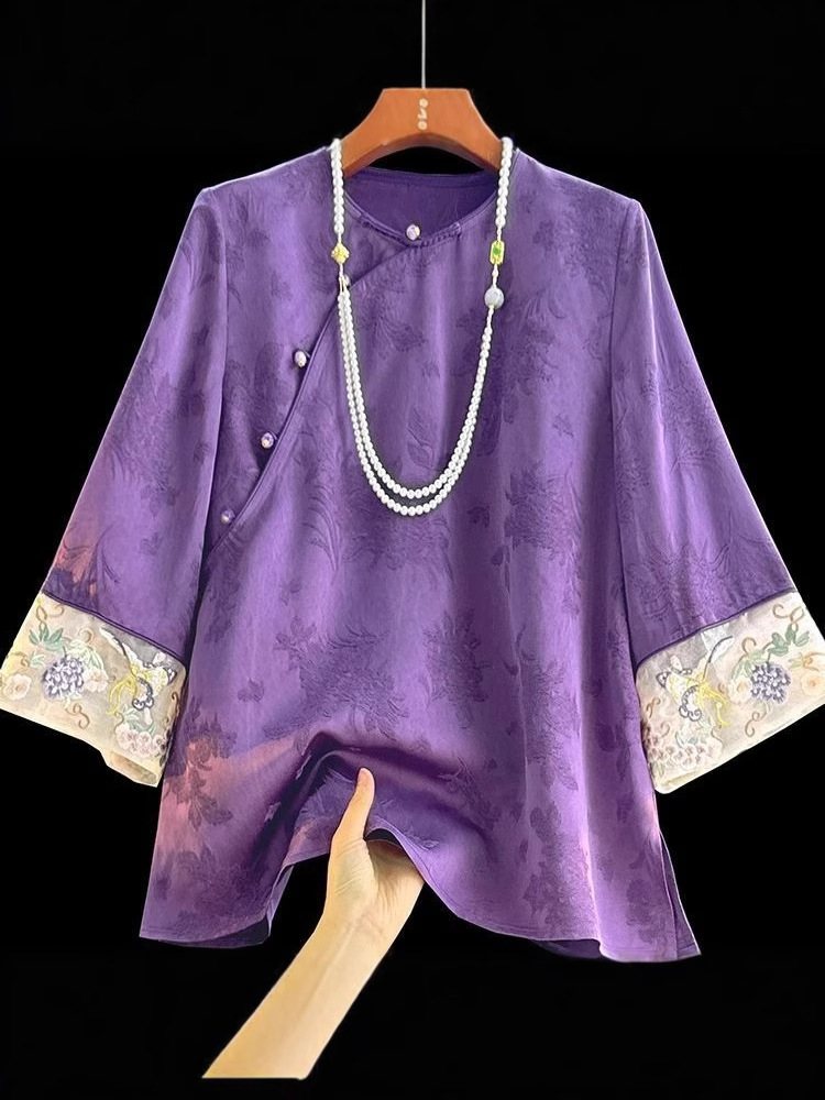 Western Style Jacquard New Chinese Style National Style Small Women's Embroidered Nine-sleeved T-shirt Spring Loose Slimming Age-reducing Top
