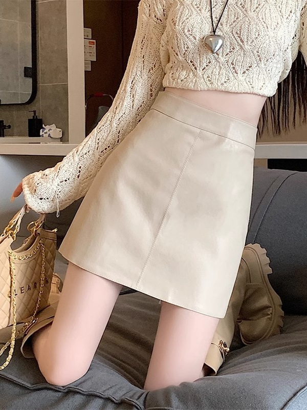 brown Leather Skirt Skirt Women's Autumn High Waist A- Line Hip Super Hot PU Leather Skirt Maillard Wear Pinch Waist Skirt