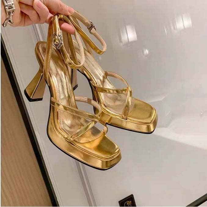 Gold Open-Toe Sandals for Women 2025 New Style, Comfortable for Standing Long Hours, Work Shoes with Ankle Strap, Suitable for Outdoor Wear, Chunky High Heels