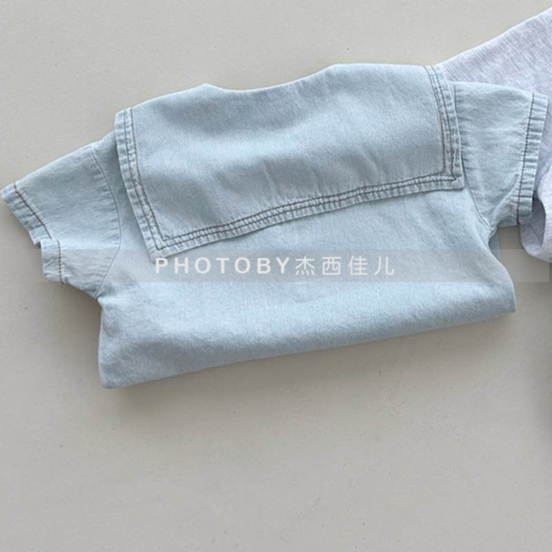 Picture of Korean Style Ins Boys and Girls Summer New Two-Piece Children's Western Style College Lar Loose Casual Denim suit