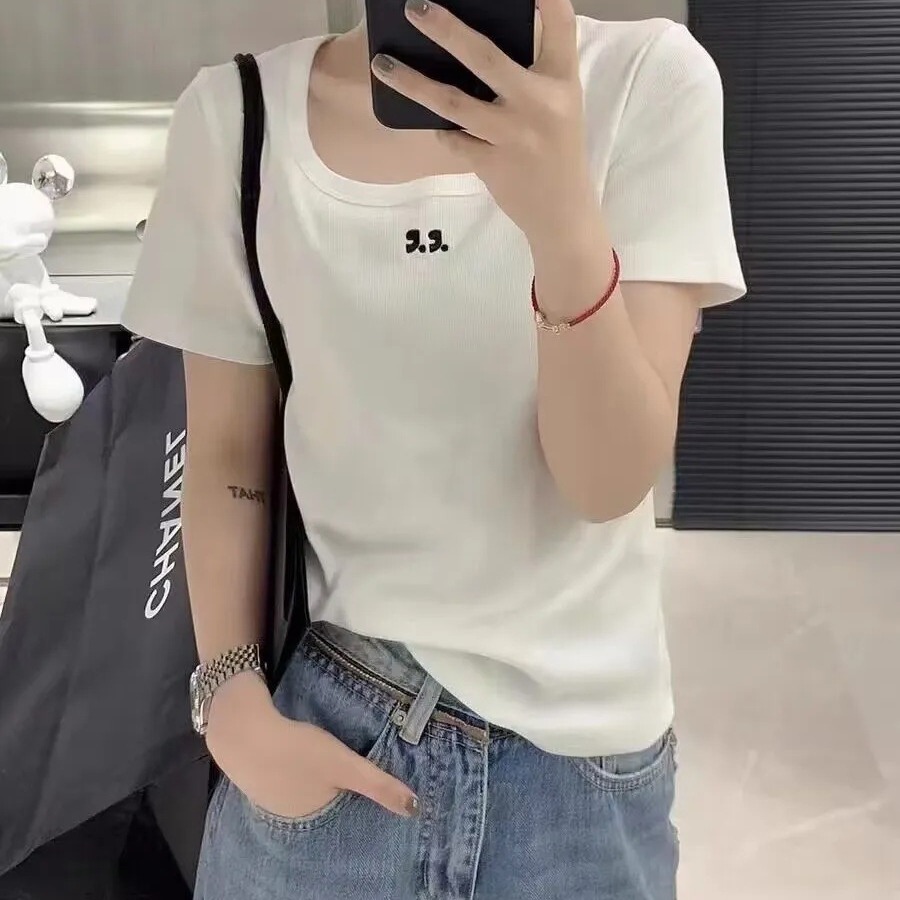 Short-sleeved T-shirt Women's 2024 Summer New Thread Shoulder Design Sense Niche Embroidery Inner Stylishness Base Half Sleeve