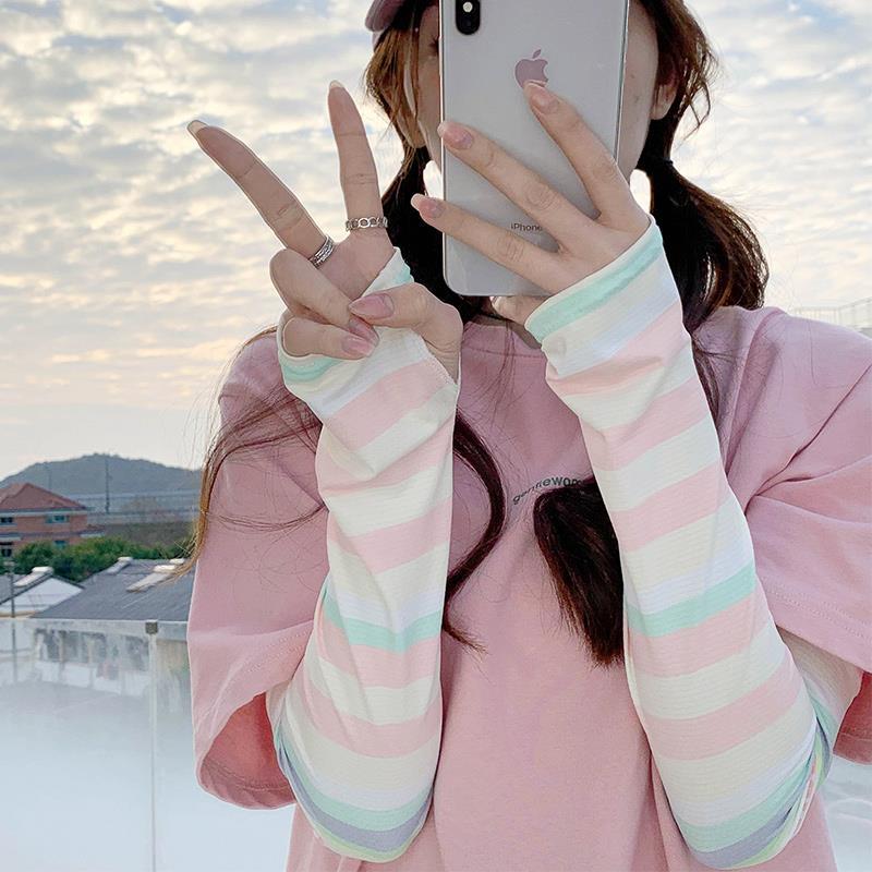 * Rainbow Girl * Striped Thin Sun Protection Ice Sleeve Women's Summer ins Gloves Driving UV Protection Ice Silk Sleeve