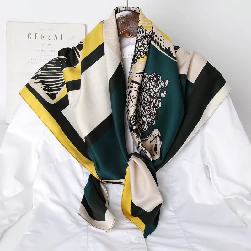 Picture of Autumn and winter all-match shawl animal printed black and white simple large square 90*90CM imitation silk twill silk scarf for women